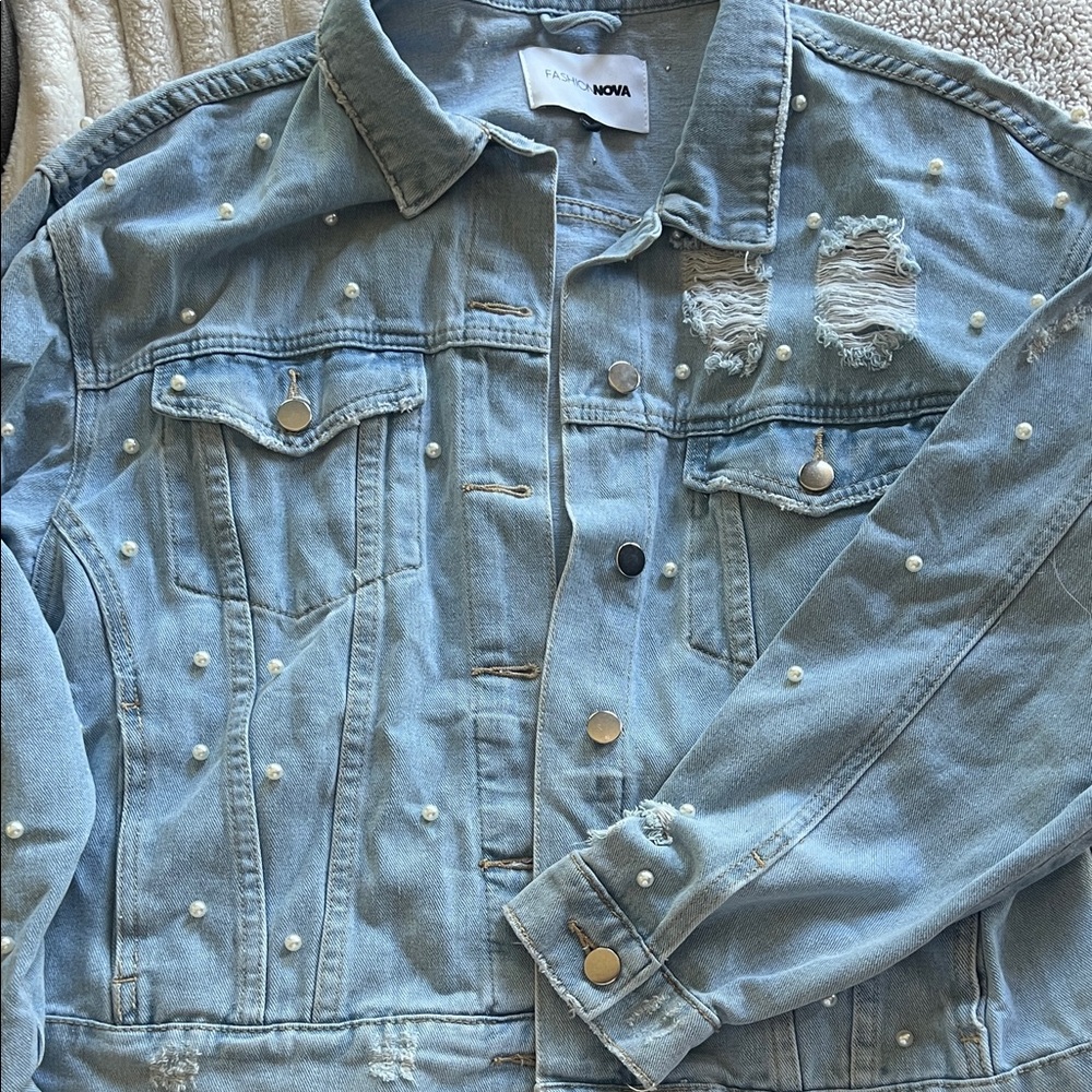 Fashion Nova Blue Denim Jacket with Pearl Details